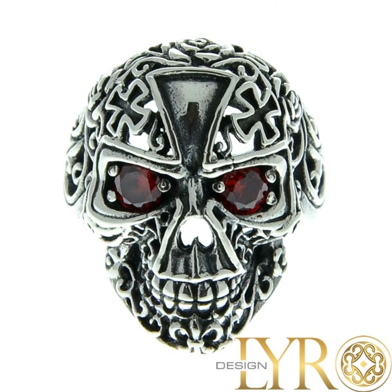 Maltese Cross Skull - Sølvring med Cubic Zirconia
